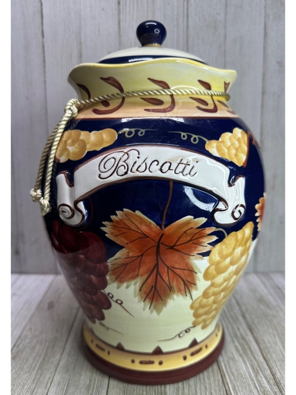 Vtg Large Cobalt Blue Cookie Jar BISCOTTI Canister Grapes Leaves French Country